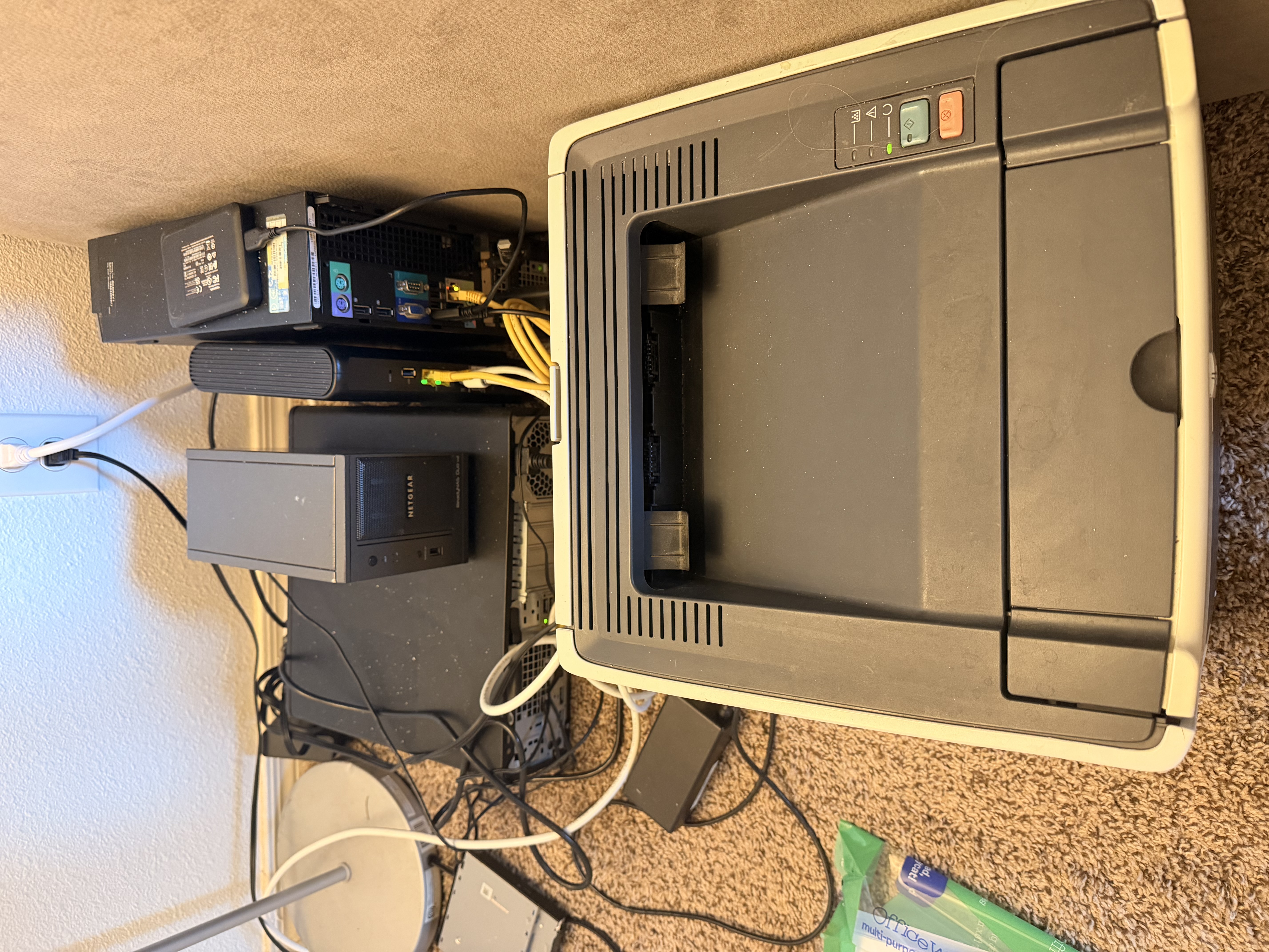 Homelab setup with the HP EliteDesk, UPS, and the $5 surplus printer