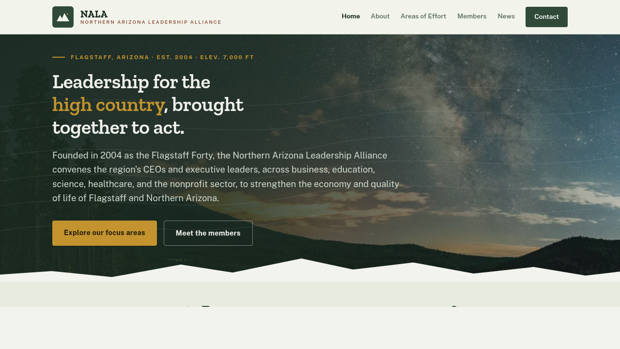 New NALA website home page with mountain night-sky hero and navigation